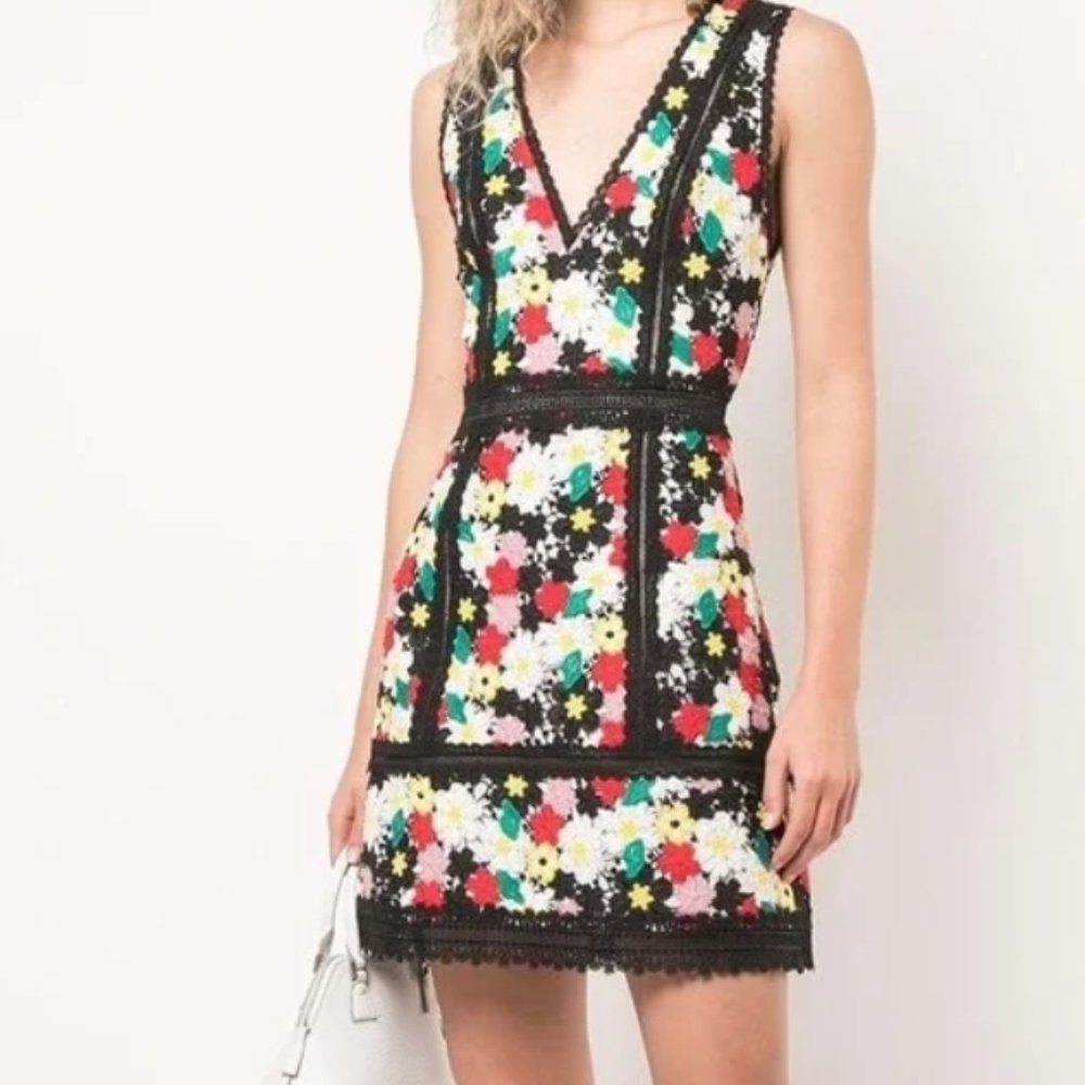 Alice & Olivia Zulu Floral Lace Embroidered Sleeveless Mini Dress Black Red